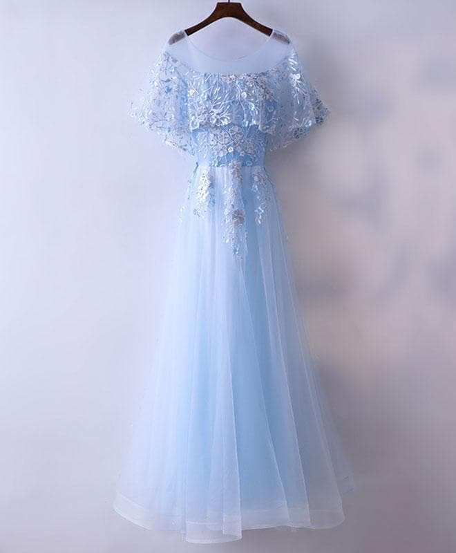 Light Blue Tulle Lace Long Prom Dress, Evening Dress