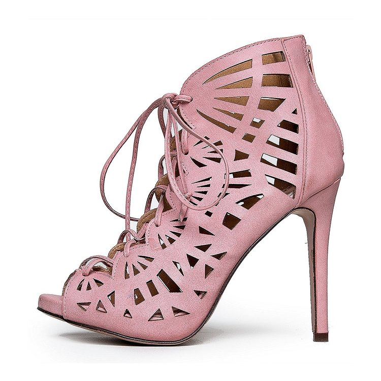Women's Pink Hollow-out Formal Evening Dress Lace-up Sandals |FSJ Shoes