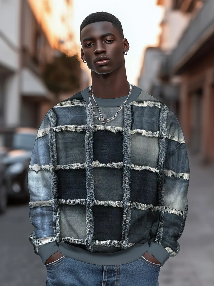 Men's Retro Frayed Distressed Color Block Print Casual Sweatshirt