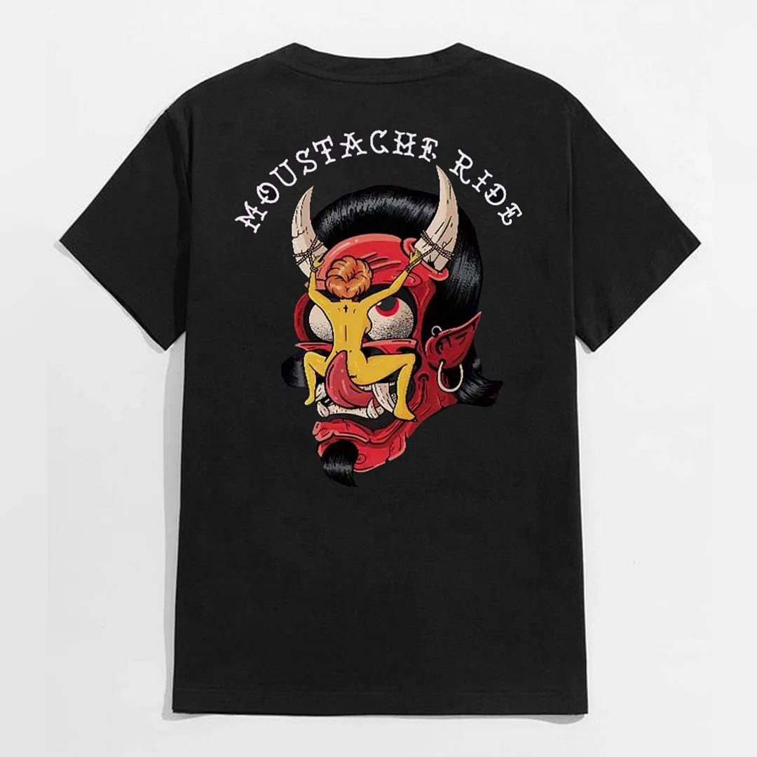 MOUSTACHE RIDE Devil Face With Naked Lady Black Print T Shirt
