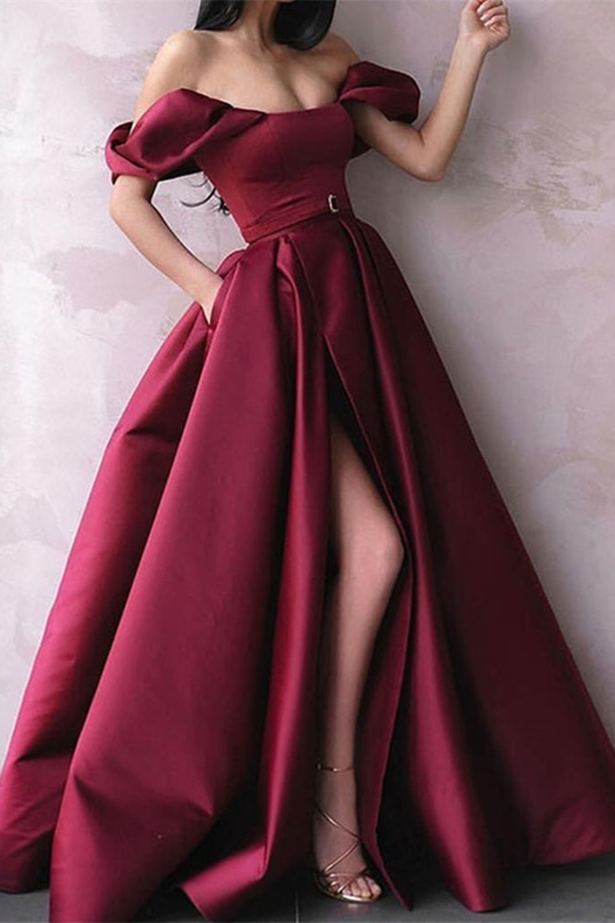 Dresseswow Burgundy Off-the-Shoulder Slit Prom Dress With Pockets