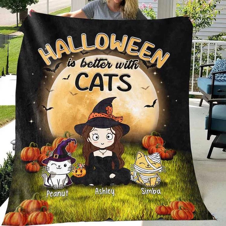 Personalized Halloween Fleece Blanket "Halloween Is Better with Cats"