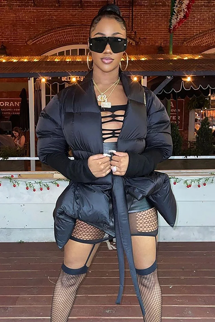 Deep V Neck Long Sleeve Tie Up Irregular Down Jacket-Black
