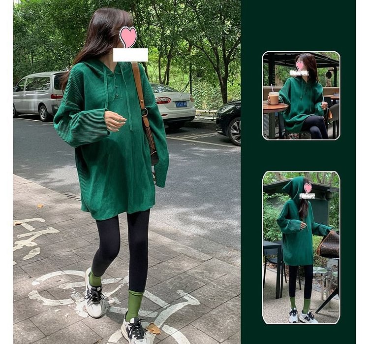 Maternity Hooded Ribbed Long-Sleeve T-shirt / High-Waist Tights / Set (Various Designs) KW1