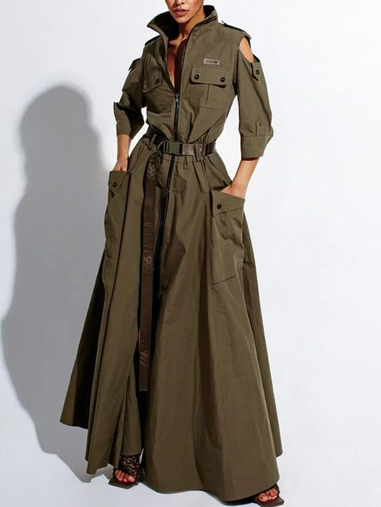 Casual Zipper Cold Shoulder High Cut Maxi Dress