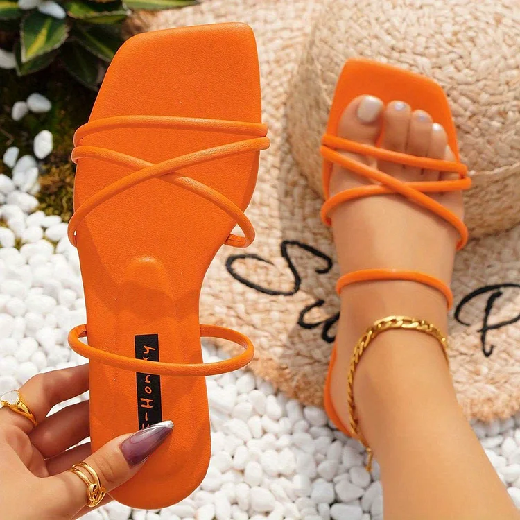 Women's Solid Color Cross Strap Slide Sandals, Casual Square Toe Flat Shoes, Lightweight Slide Sandals
