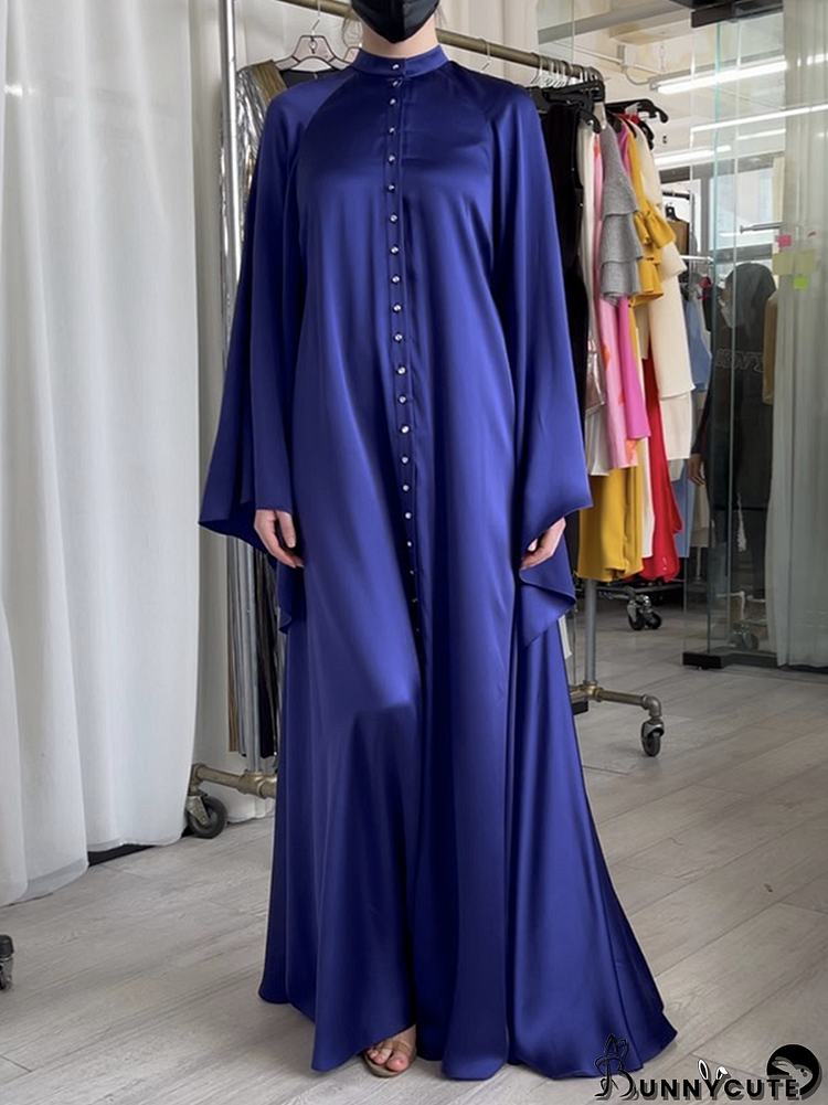 Solid Color Wide Side Buttoned Batwing Sleeves Maxi Dresses