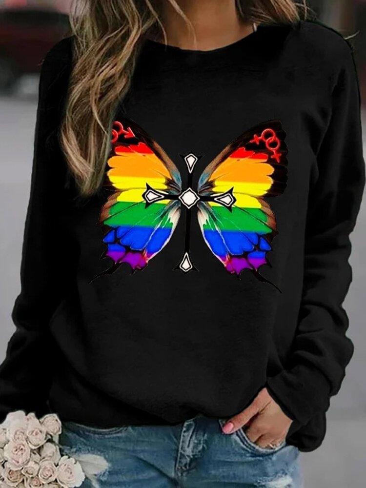 Casual Butterfly Print O neck Long Sleeve Women T Shirt P1746623