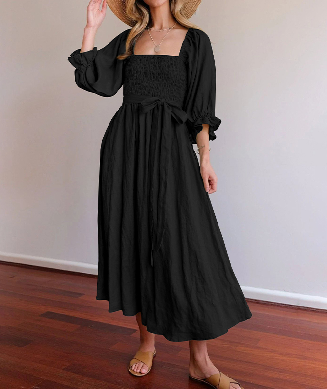 Rotimia French Ruffled Lantern Sleeves Multi-wear Dress Black
