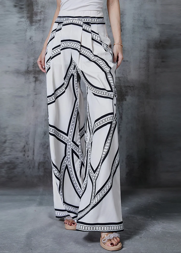 Stylish White Print Chiffon Straight Pants Spring
