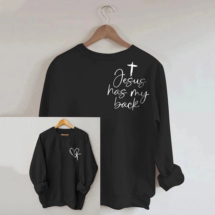 Comstylish Jesus Has My Back Print Long Sleeve Casual Sweatshirt