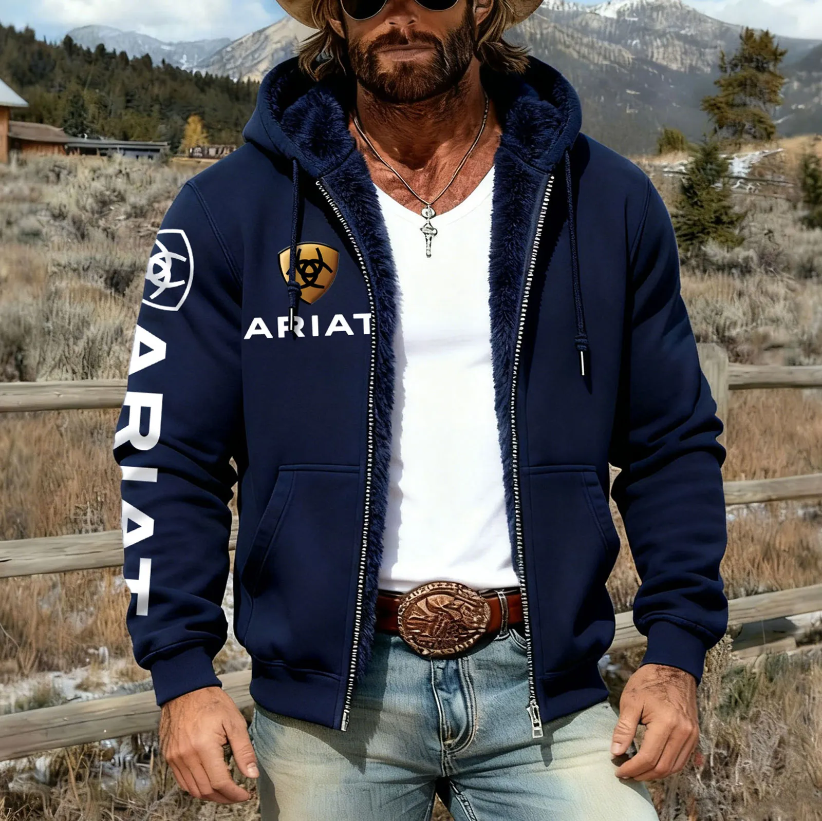 Navy Blue Hooded Zip-Up Jacket With Bold And Faux Fur Lining