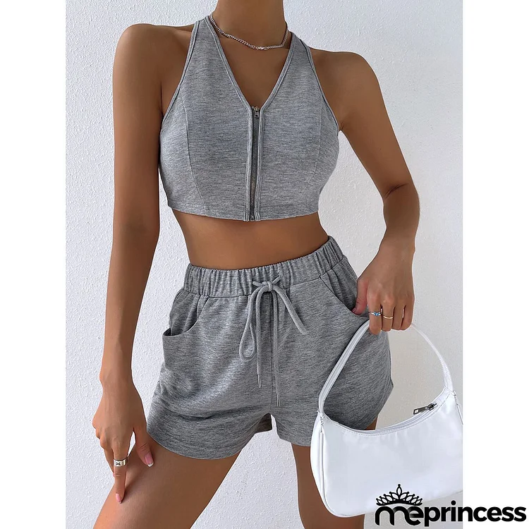 Women Fashion Casual Solid Color Neck Zipper Top Shorts Two-Piece Set