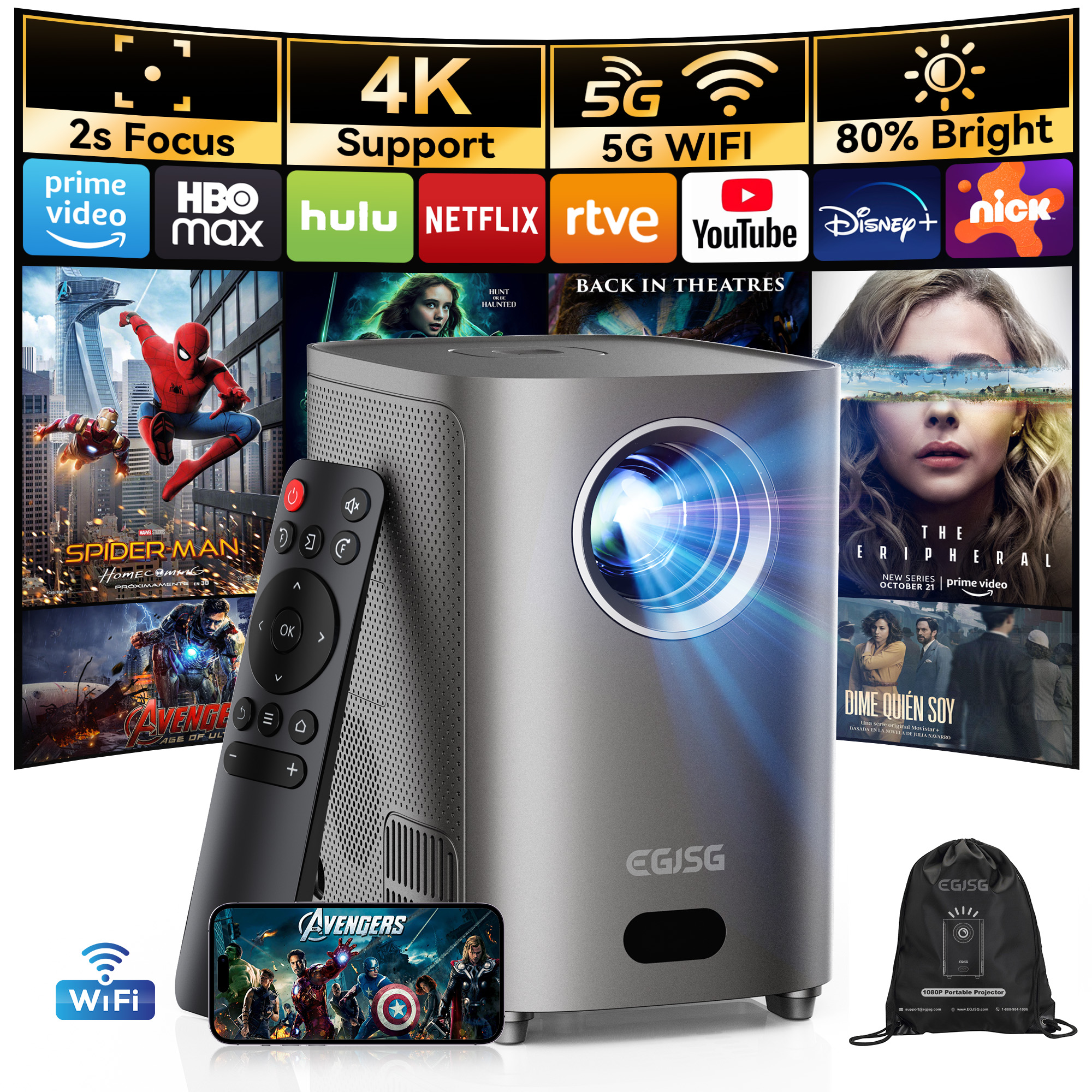 One-Button Focus] Mini Projector with 5G WiFi and Bluetooth