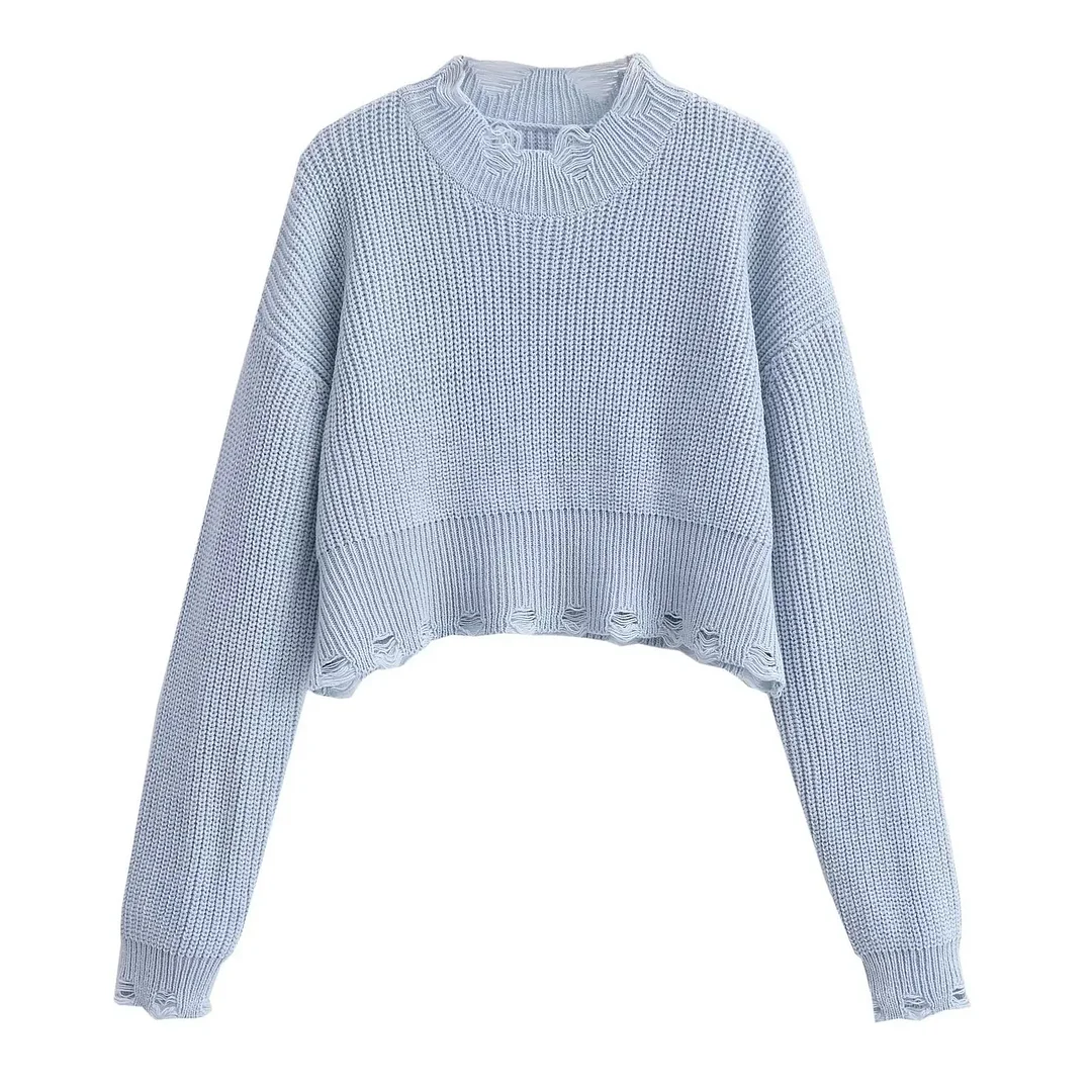 Tlbang New Autumn Women Vintage Lazy Hole Crop Knit Sweater Oversize Pullover Chic Top