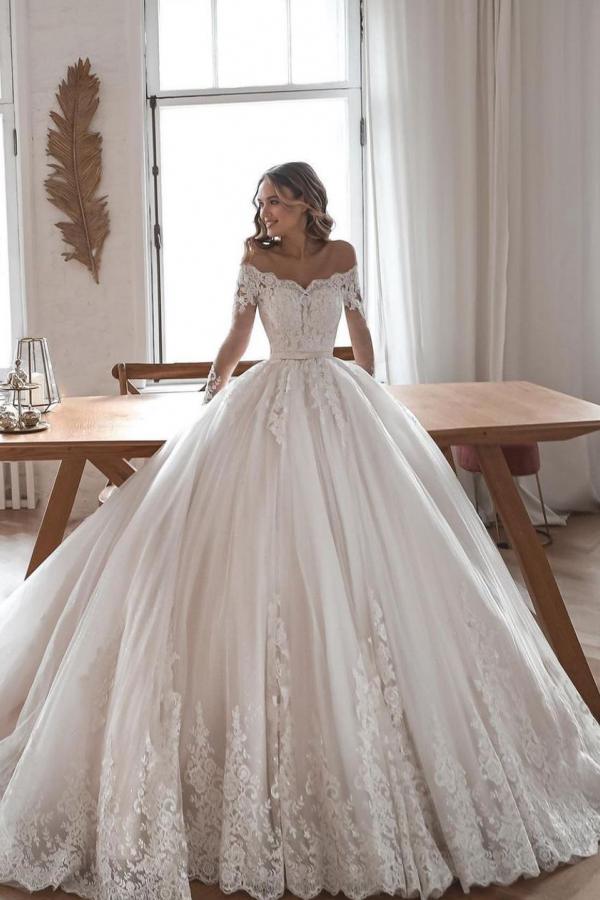 Miabel Glamorous Ball Gowns Sleeves Long Wedding Dresses With Lace