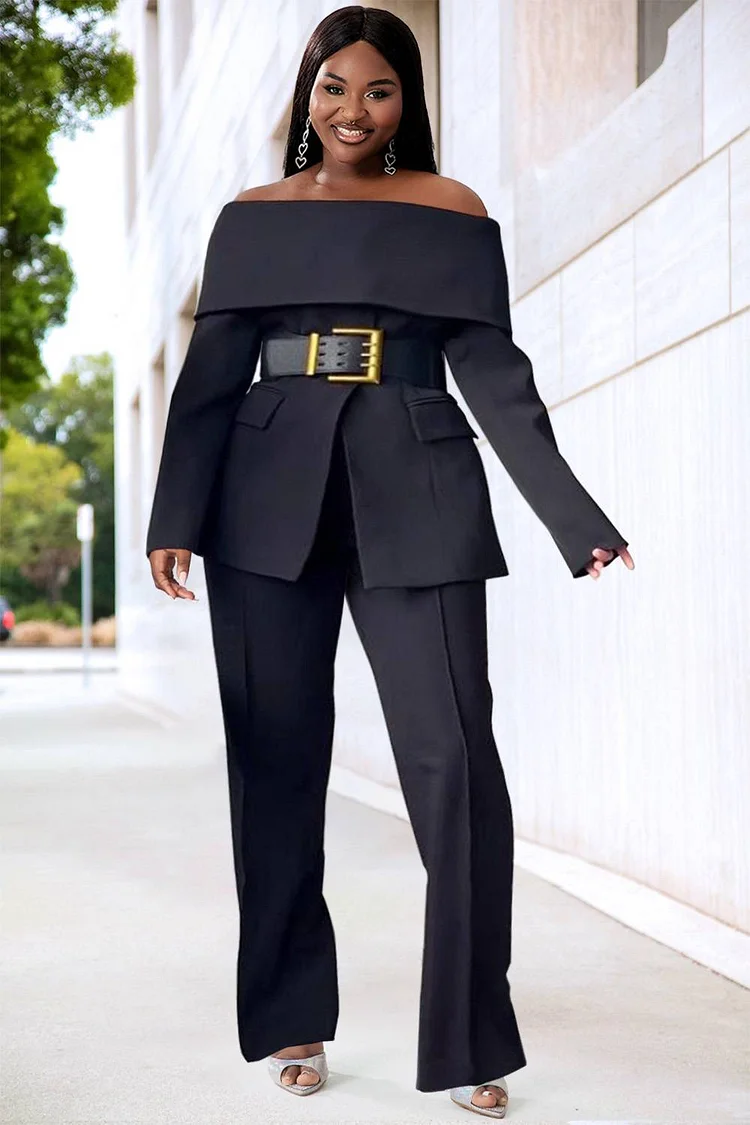 Plus Size Formal Pant Sets Elegant Black Fall Winter Off The Shoulder Long Sleeve Blazer Suit Two Piece Pant Sets [Pre-Order]