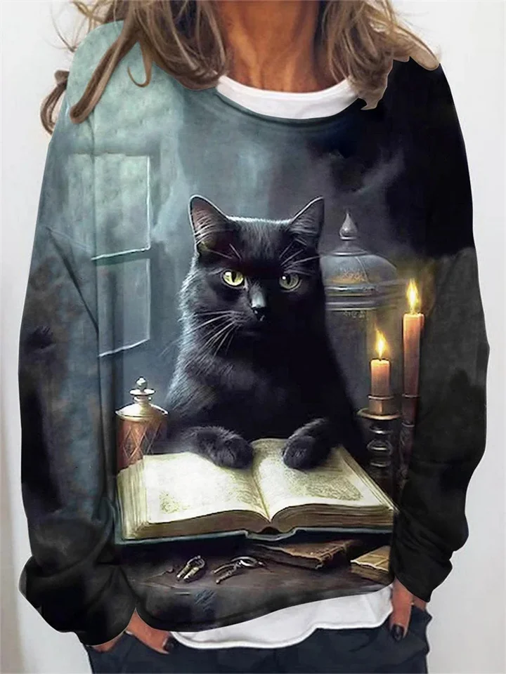 Women's Sweatshirt Pullover Sweatshirt Digital Print Black Cat Halloween Print Round Neck Long Sleeve Top