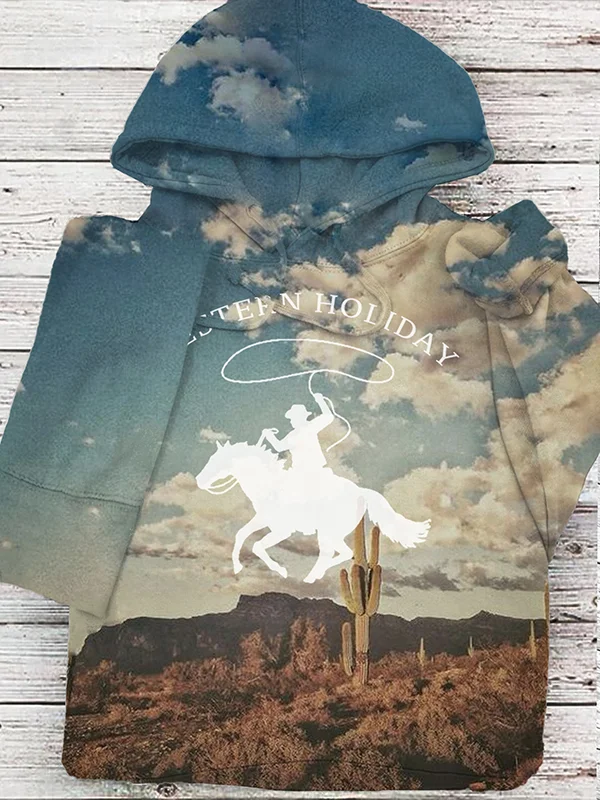 Women's Western Holiday Cowboy Graphic Print Hooded Sweatshirt