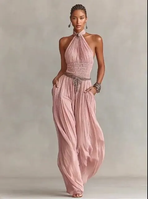 Women's Blush Pleated Jumpsuit With Halter Neck & Ruched Waist, Timeless Romantic-Elegant Style Jumpsuit (without Belt) SV1133B7I
