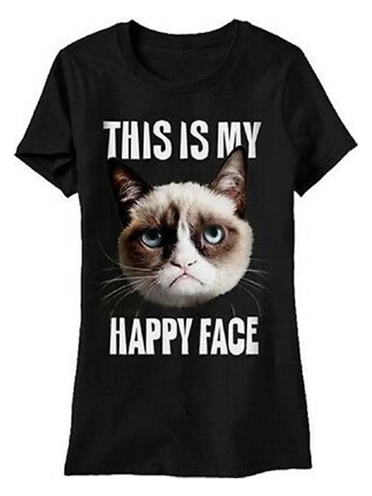 Bestdealfriday This Is My Happy Face Crew Neck Cotton Blend Short Sleeve Woman's Shirts Tops