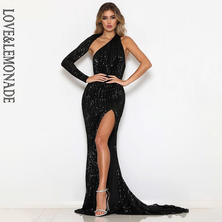 Sexy Open Back Single Sleeve Slim Fit Elastic Sequined Fabric Bodycon Going Out Long Dress LM81333-2 BLACK - BlackFridayBuys