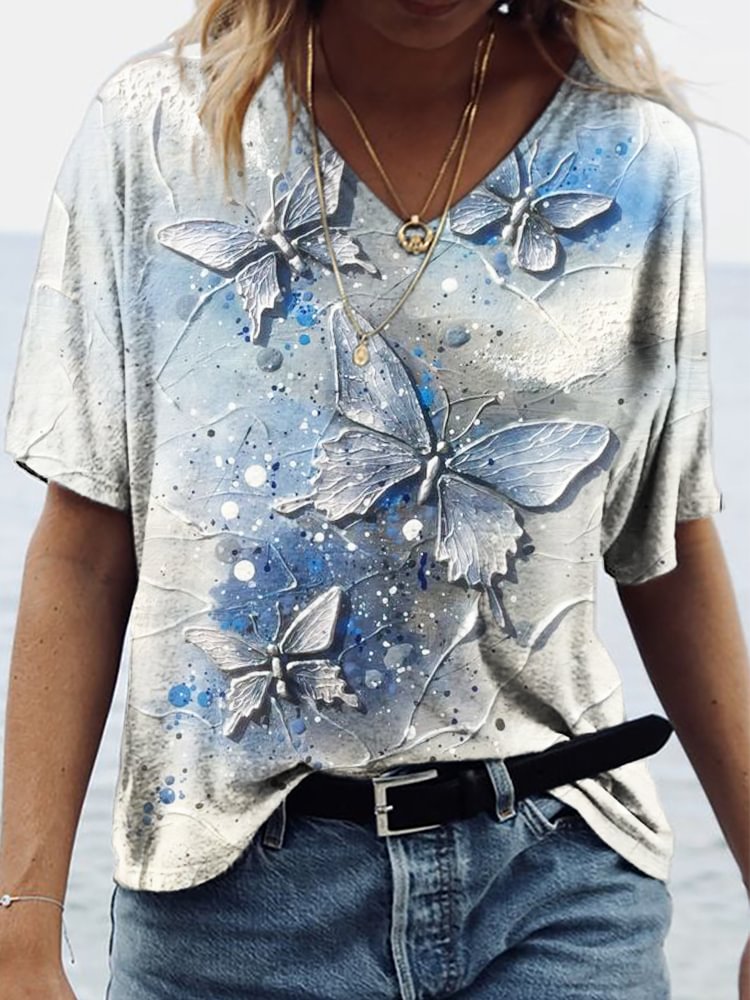 Comstylish Butterfly Painting Art V Neck T Shirt