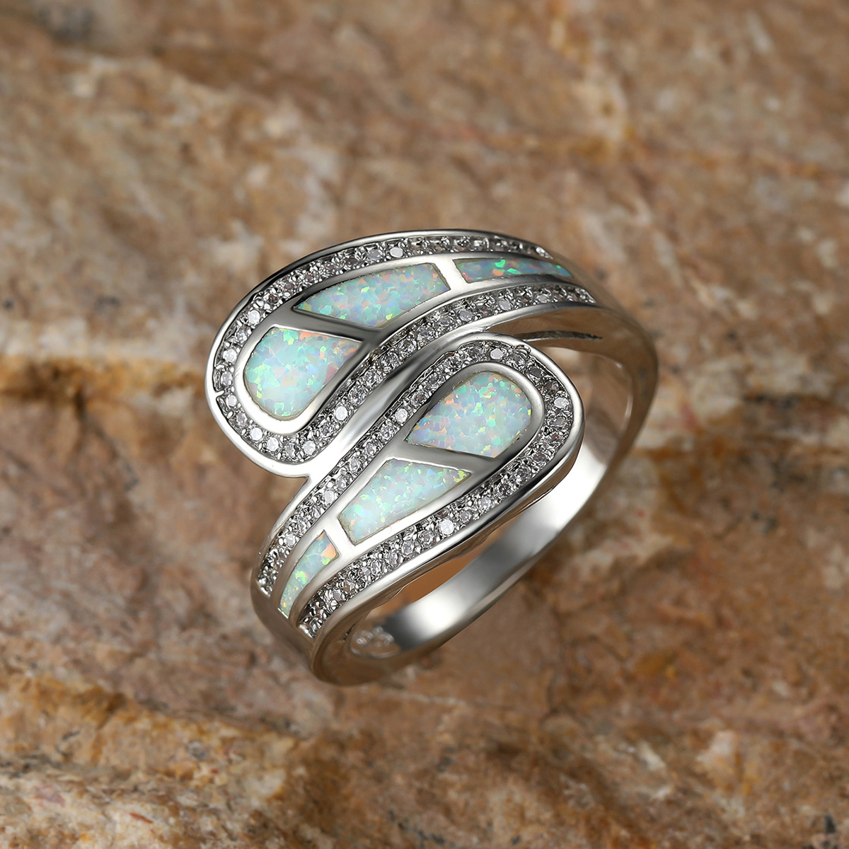 Female White Opal Stone Ring Boho Vintage Wedding Engagement Jewelry For Women