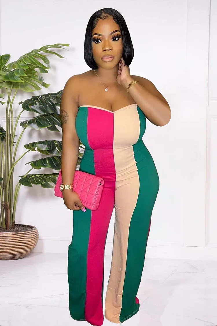 Colorblock Strapless High Waist Bodycon Straight Leg Jumpsuit
