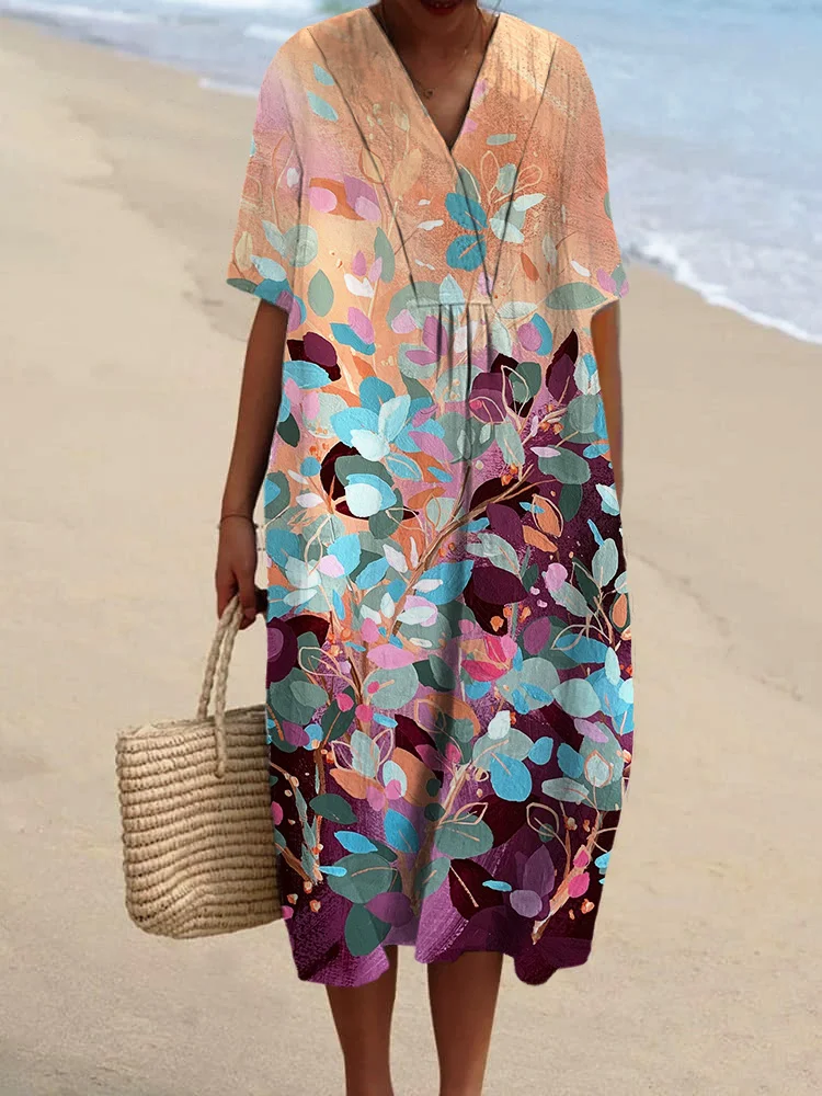 Elegant Floral Foliage Plants Printed Women's Casual Cotton And Linen