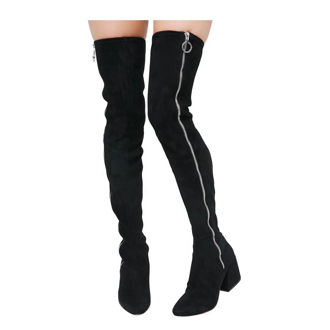 Black Suede Zip Long Boots Block Heel Sexy Thigh High Boots|FSJshoes