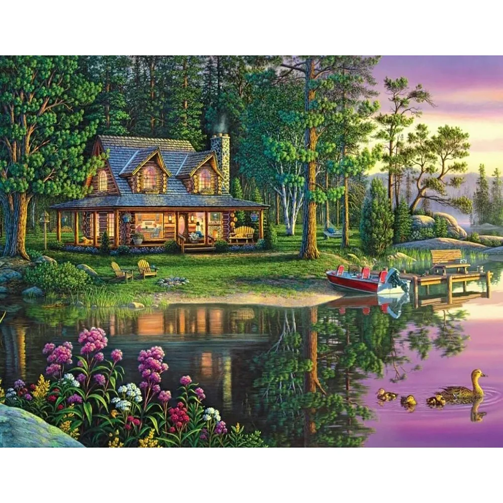 Big Size Round Diamond Painting - Cottage Landscape(40*50cm)