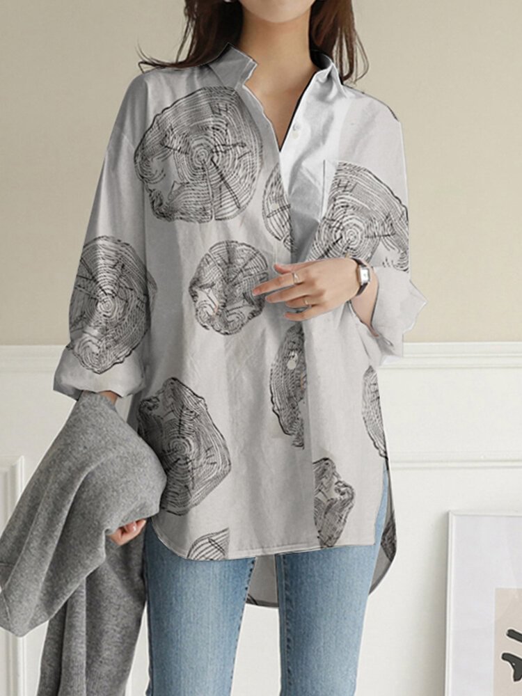 Geometry Print Long Sleeves Casual Loose Blouse With Pockets