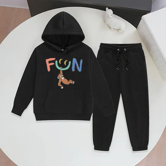 【2Y-13Y】Festive Fleece-Lined Hoodie And Jogger Set With Fun Banana Monkey Cartoon Design For Kids