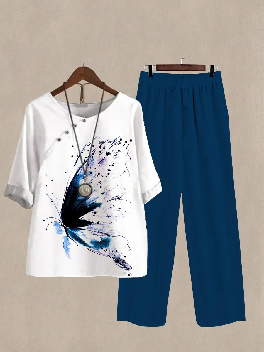 Women's Watercolor Painting Print Half Sleeve Top And Wide Leg Pants Two Piece