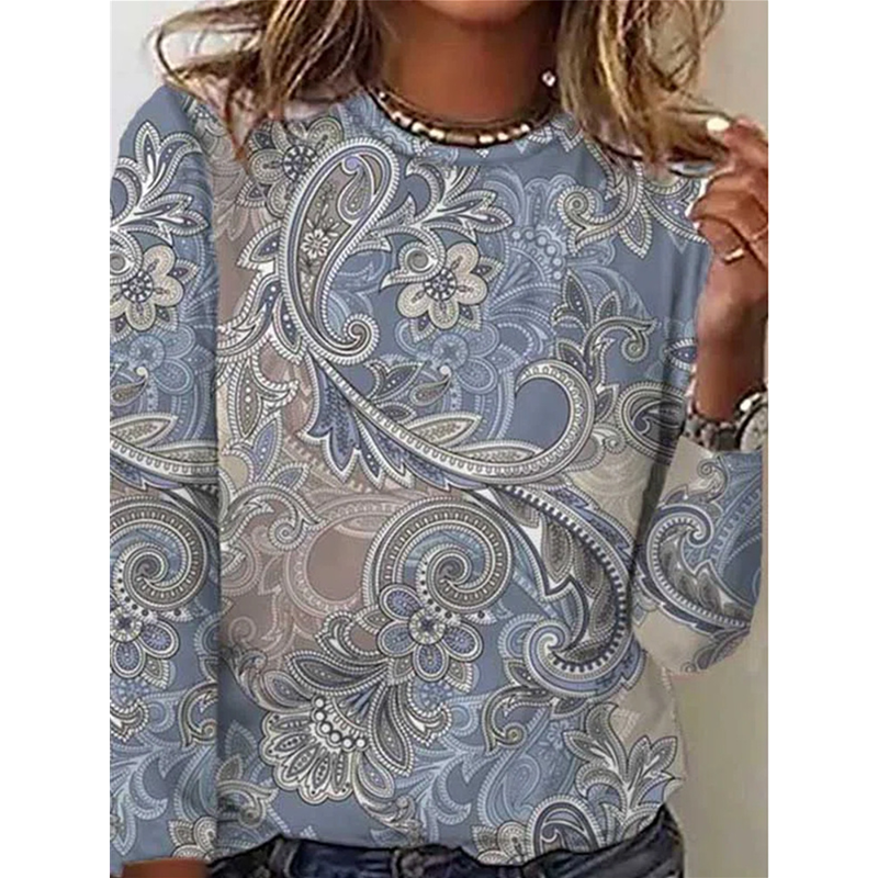 Women's Fashion Printing Loose Round Neck Long-Sleeved Casual T-Shirt