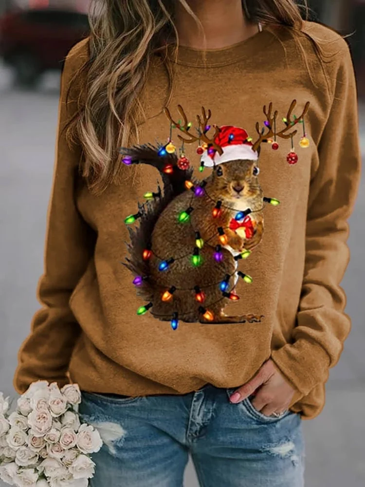 VChics Funny Christmas Squirrel Lights Print Sweatshirt