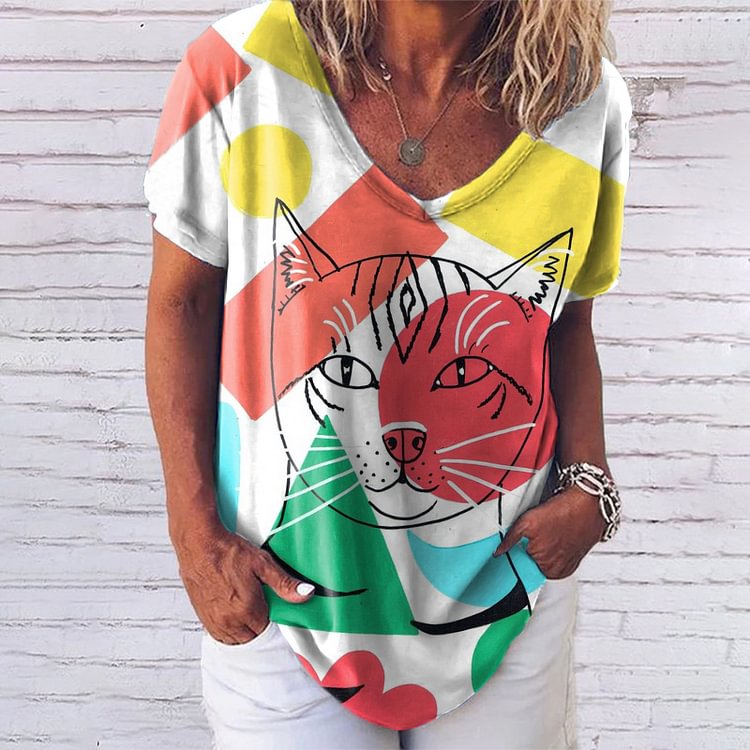 Comstylish Colorblock Cat Print T-Shirt