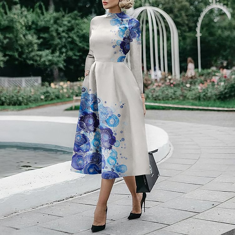 Crew Neck Floral Bubble Print Slip Pocket Midi Dress