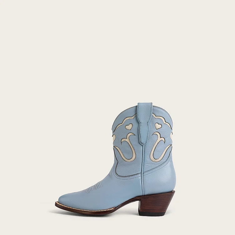 Light Blue Almond Toe Block Heel Cowgirl Boots Embroidered Booties |FSJ Shoes