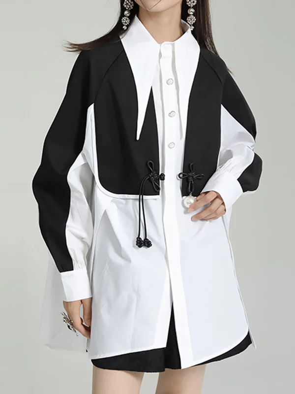 False Two Long Sleeves Contrast Color Split-Joint Lapel Blouses&Shirts Tops