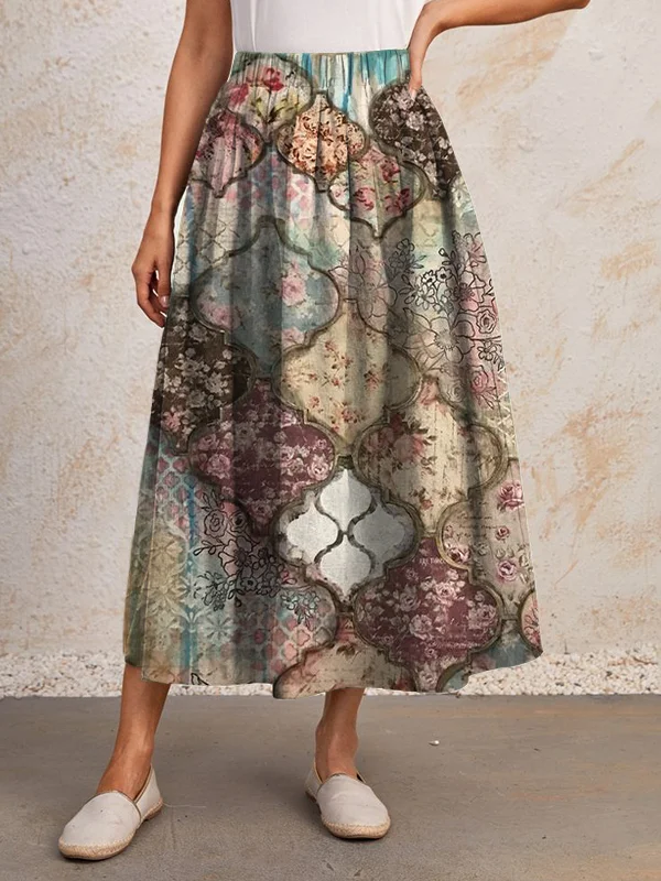 Women's Retro Floral Pattern Art Print Skirt?