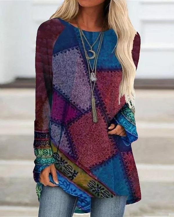 Women Printed O Neck Color Block Long Sleeve Blouses