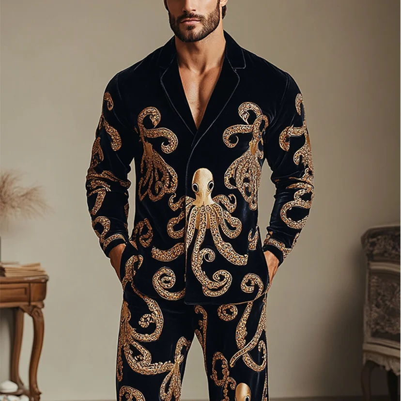 Men's Flannel Baroque Octopus Print Pajamas Set-inspireuse