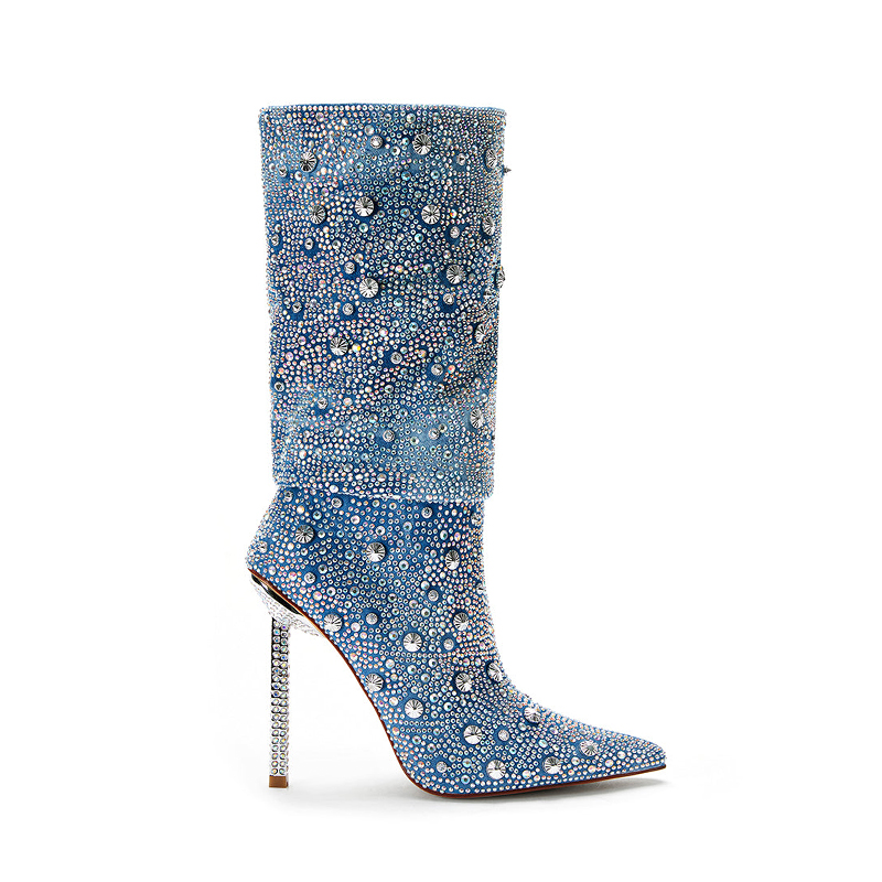 TAAFO Pointed Toe Crystal High Heel Boot Women Shoes Wrinkled Mid Calf Rhinestone Boots Slouch Denim Boots