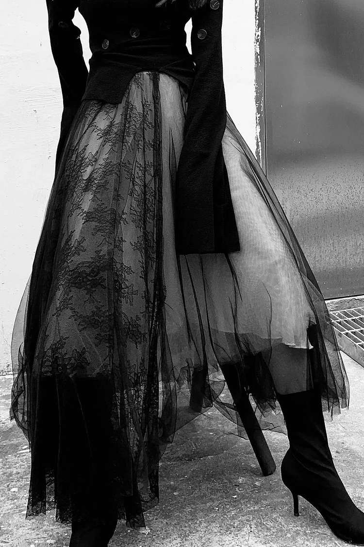 Gothic Black Party Lace Panel Mesh Patchwork Layered Maxi Skirt