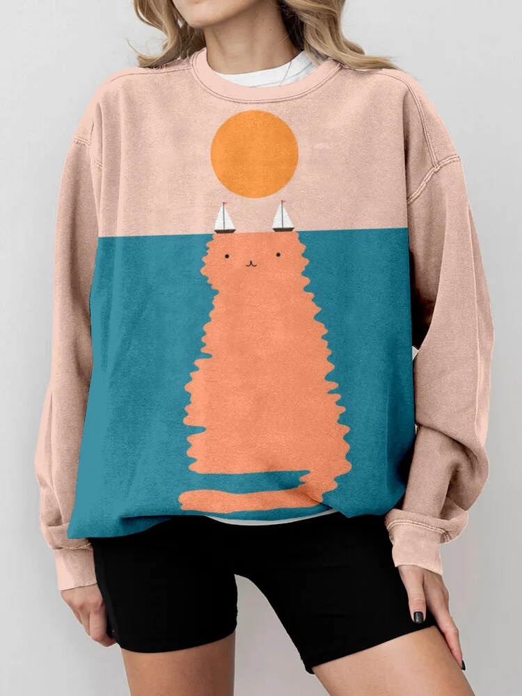 Comstylish Cat Landscape Pattern Vintage Washed Sweatshirt