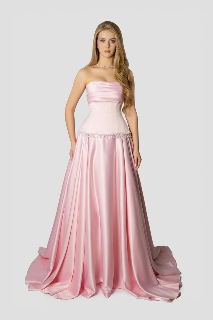 Lussooy Baby Pink Strapless Sleeveless Evening Dress A-Line in Satin With Beading