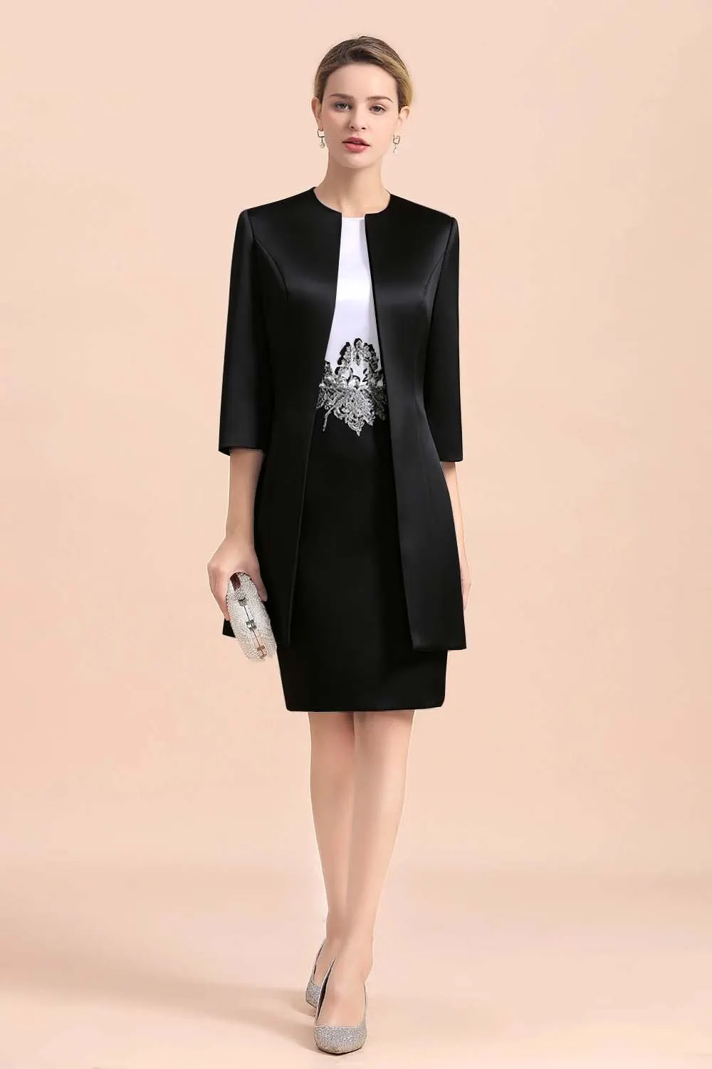 Daisda Satin Jewel Neck 1/2 Sleeves Two Pieces Knee-Length Embroidery Mother Of The Bride Dress