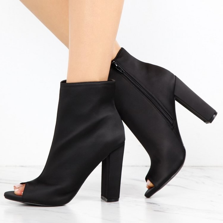 Women's Classical Black Chunky Heel Boots Zip Peep Toe Ankle Boots |FSJ Shoes